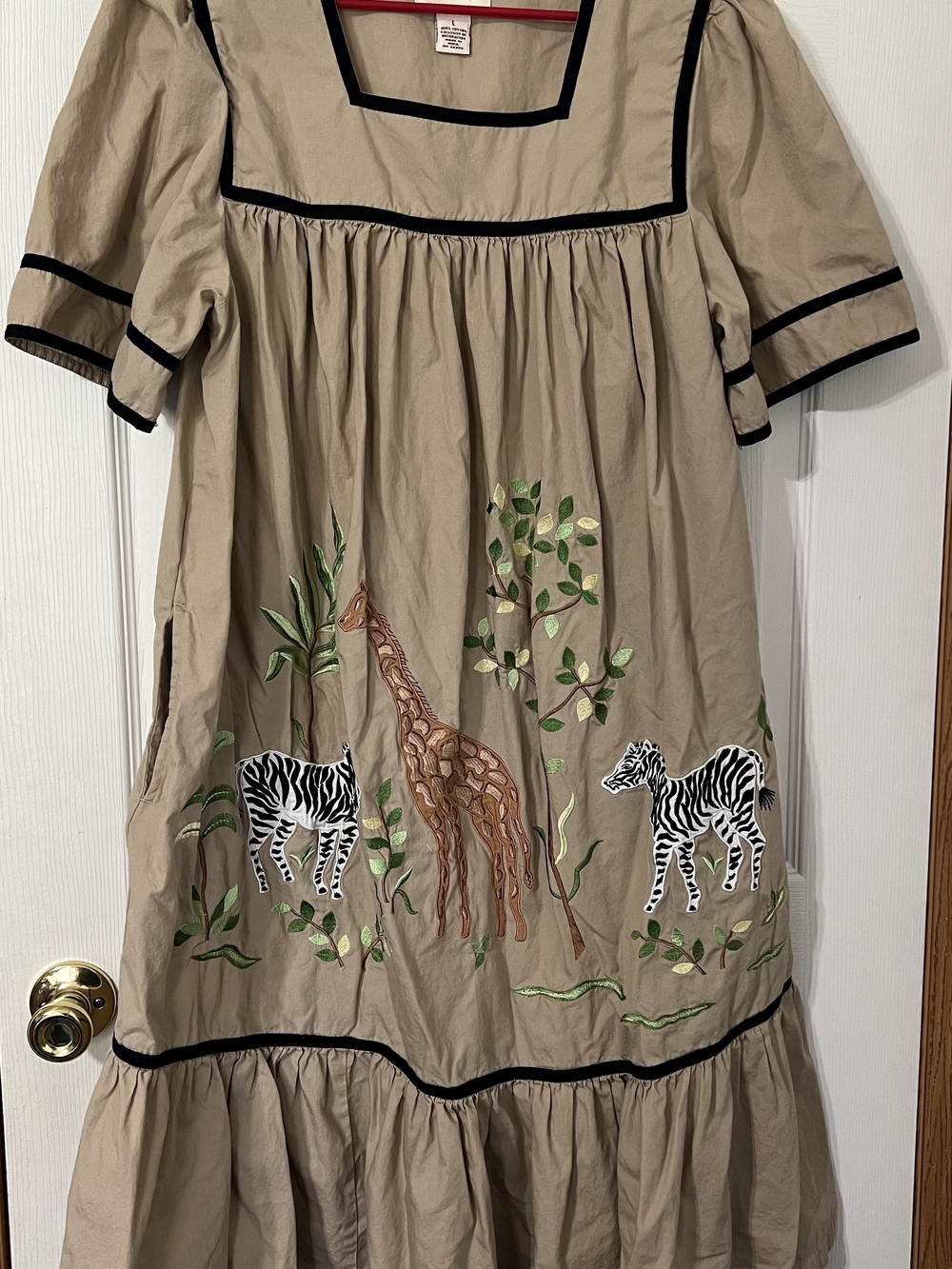 Bechamel African Beige Maxi Dress with Black Trim and Animal Embroidery